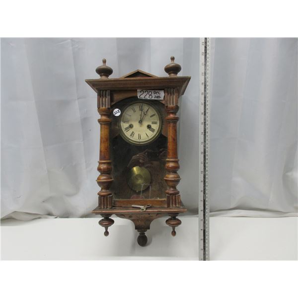Early 1900s Wooden Wall Clock W/ Pendulum and Key