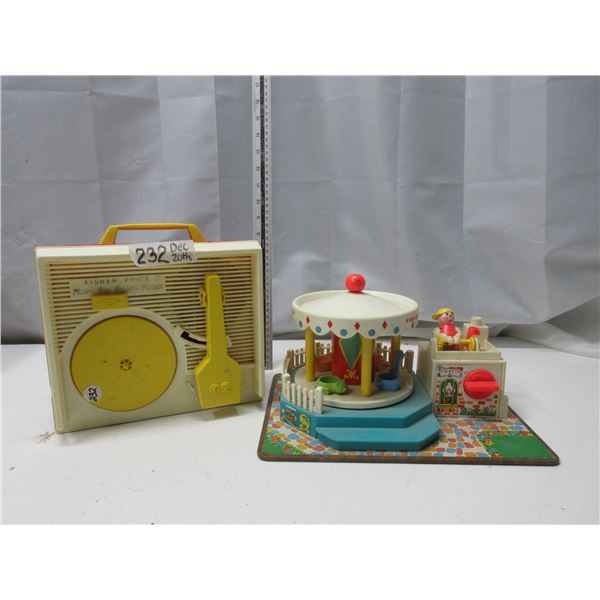 2 1970s Fisher Price Toys Record Player and Merry go Round