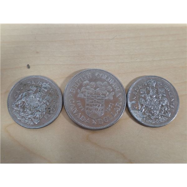 1971 canadian dollar coin, 1974 and 1976 50 cent coins