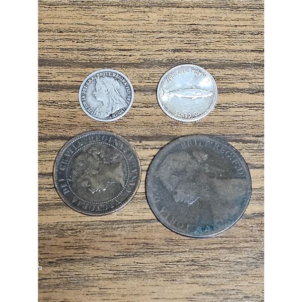 1901 Great Britain Silver Three-Pence, 1967 Canadian Silver 10 cents, 1876 British Queen Victoria On