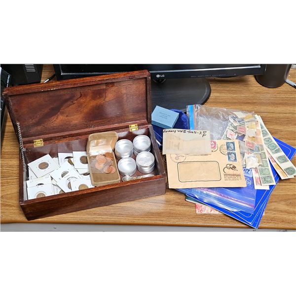 Assorted Lot of Coin and Stamp Collection items etc. w/ Wooden Box