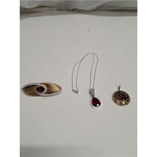 (1) 12”) necklace red stone pendant + purple stone large red stone brooch