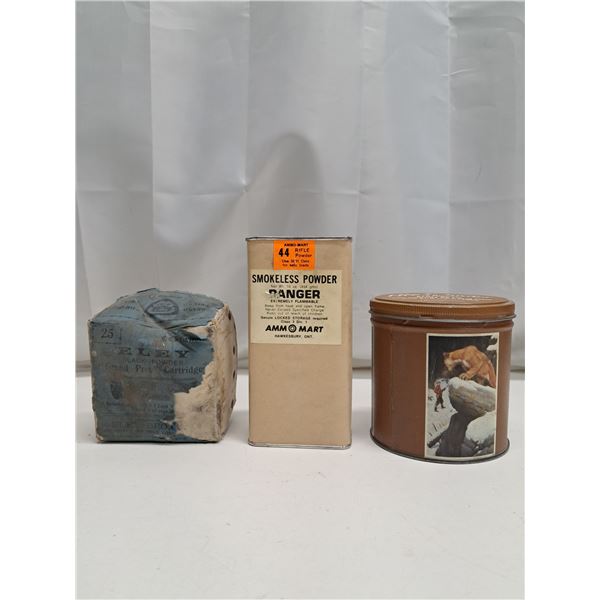 Old eleg grand prix cartridges paper box (Loose paper) plus Remington five powder tin plus misc