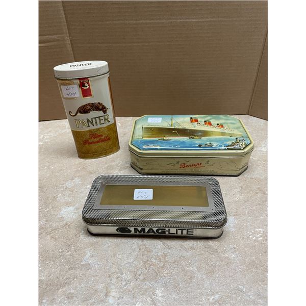 Three Tins, The Queen Mary, Panter cigar, Mag-Lite