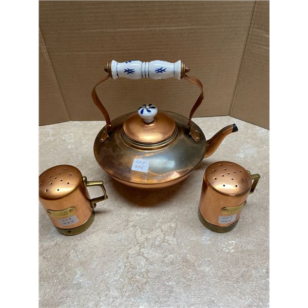 Solid Copper Salt and Pepper Shakers and Tea Kettle