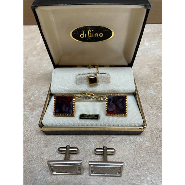 Cuff Links and tie Clip Genuine Lamp Stone, Silver Coloured Cuff links