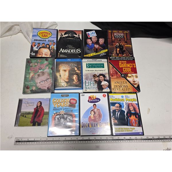 CDs: movies and songs-Christmas Story (unopened), My Cousin Vinny, Ruthless People, Life is Beautifu