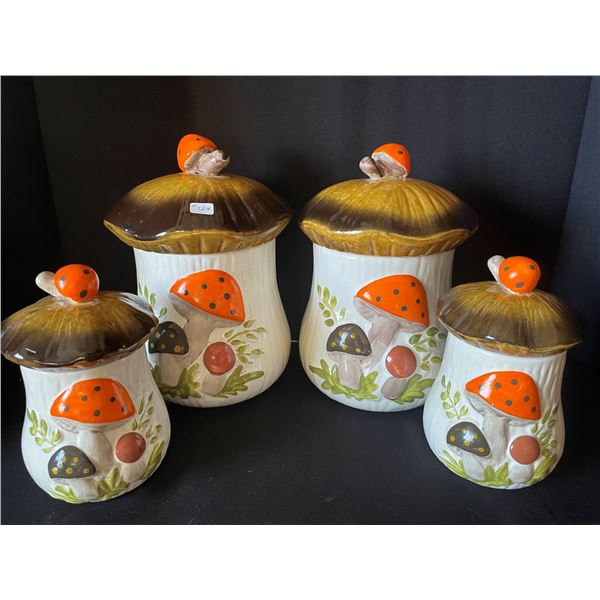 LOT # 724 ......Vintage (1970's) Ceramic Mushroom Canister Set. 2 Lg (10 1/2" High) Canisters & 2 Sm