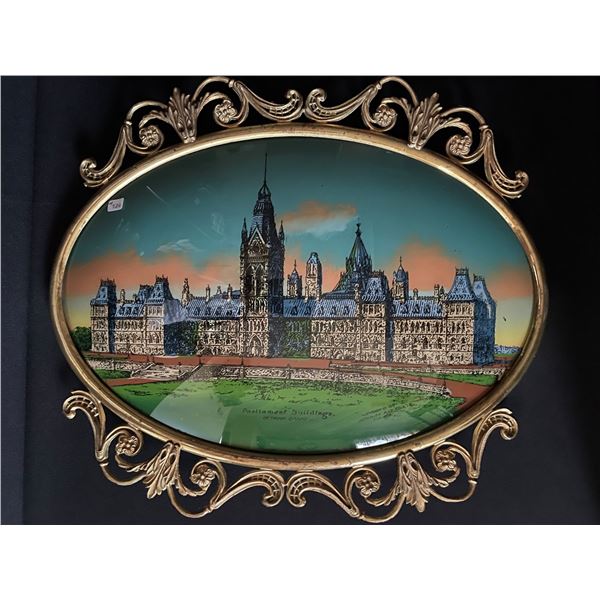 LOT # 726....Antique Reverse Painting on Glass in Convex Oval Picture Frame. Parliament Buildings, O
