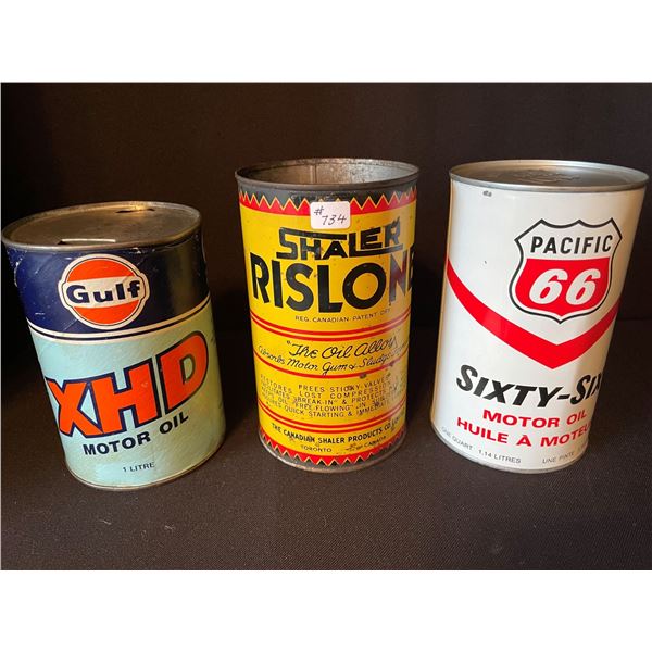LOT # 734...3 Quart Oil Cans. RISLONE, GULF & PACIFIC 66.