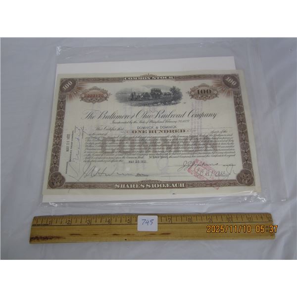745. 1932 B and O Railway Stock Certificate