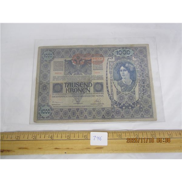 746. 1902 Hungary 1000 Large Paper Bill