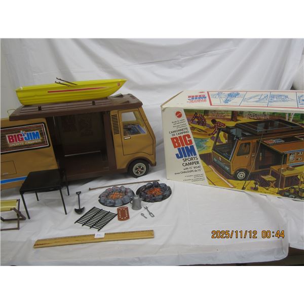 791. 1970's Big Jim Sports Camper with Original Box and Boat and Accessories in Good Condition
