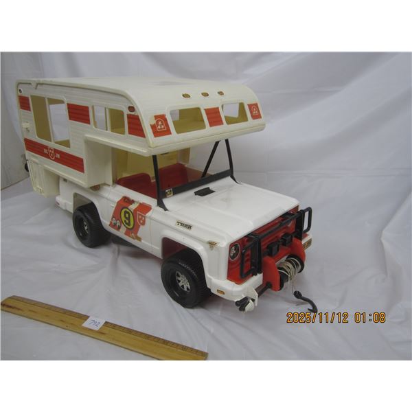 792. Rare Big Jim Baja Beast Cab Over Camper with Jeep Truck Toy is in Good Condition Box is Rough