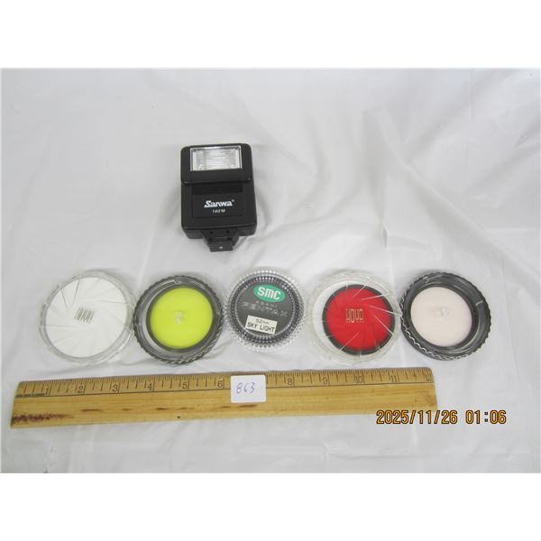 863. Vintage 35mm Camera Filters and a Flash