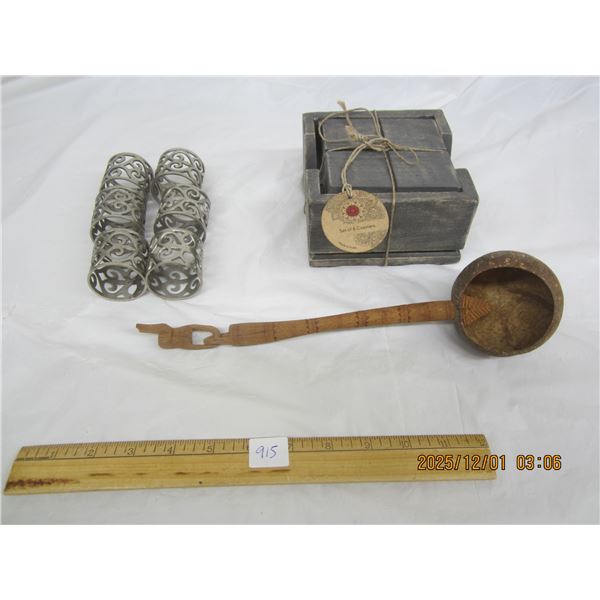 915. Lot of Coasters, Napkin Rings and a Hand Made Wooden Spoon