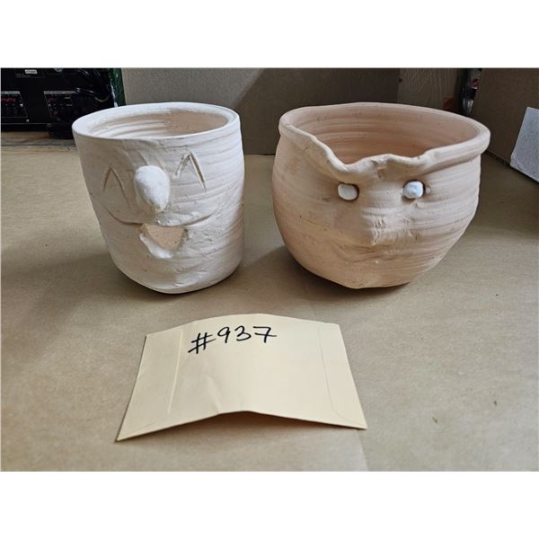 (2) Unglazed Pots with Faces