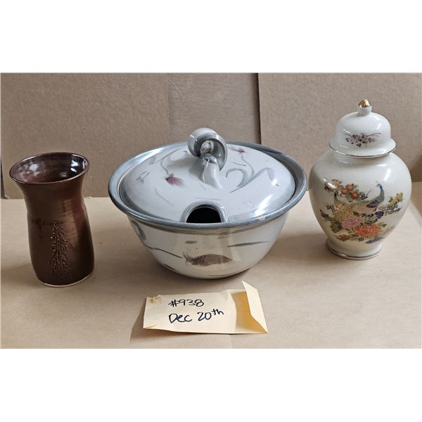 (3) Pottery Pieces including Bowl w/ Lid