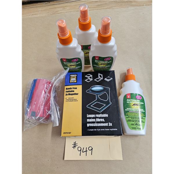 Assorted Lot. (4) Insect Sprays, Magnifier, Bandage