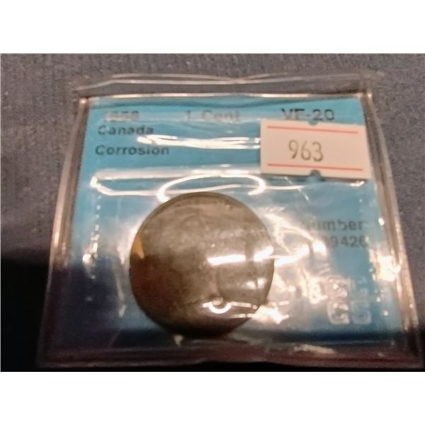 1858 Canada Large Cent. VF20. Certified CCCS. Corrosion