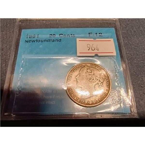 1881 Newfoundland 20 Cents Silver Coin. F12. Certified CCCS