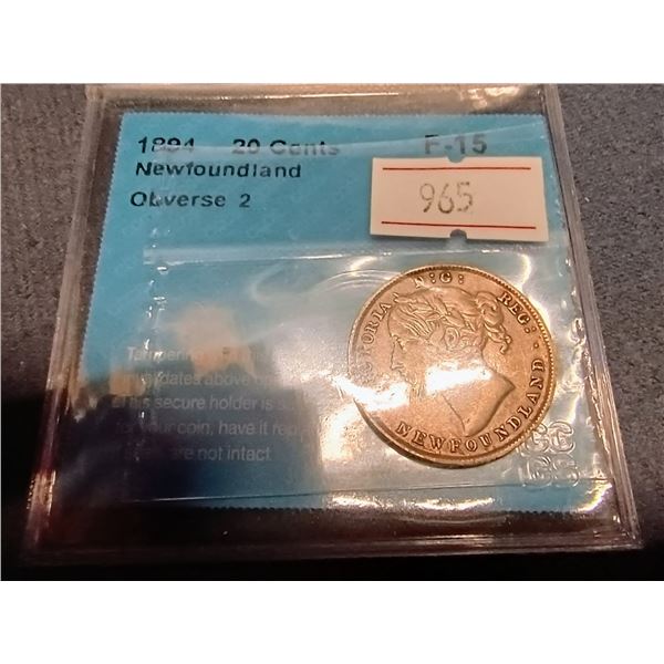 1894 Newfoundland 20 Cents Silver Coin. Obv 2. F15. Certified CCCS