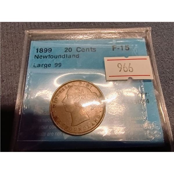 1899 Newfoundland 20 Cents Silver Coin. Large 99. F15. Certified CCCS