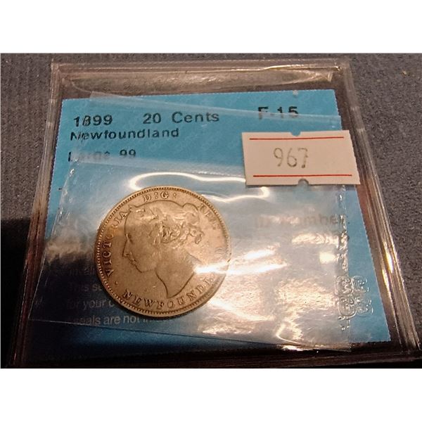 1899 Newfoundland 20 Cents Silver Coin. Large 99. F15. Certified CCCS