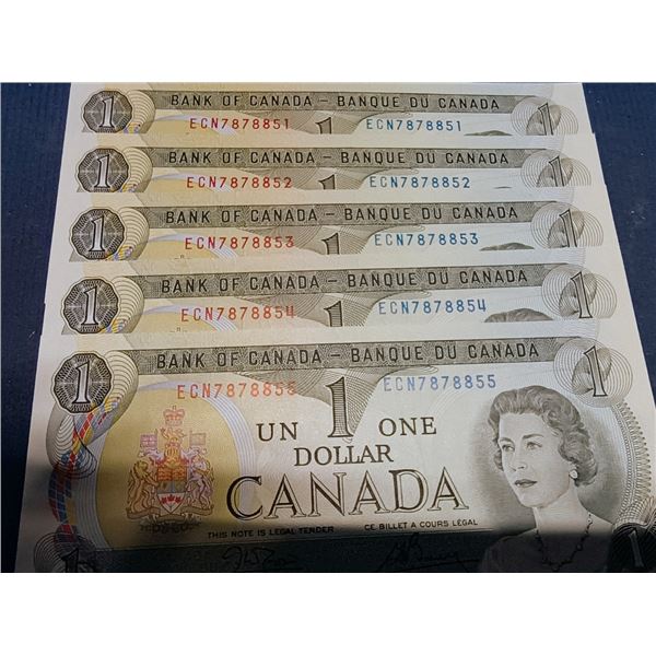 Lot of 5 Consecutive 1973 Canada $1 Banknotes. Crow-Bouey. ECN7878851-855. Uncirculated.