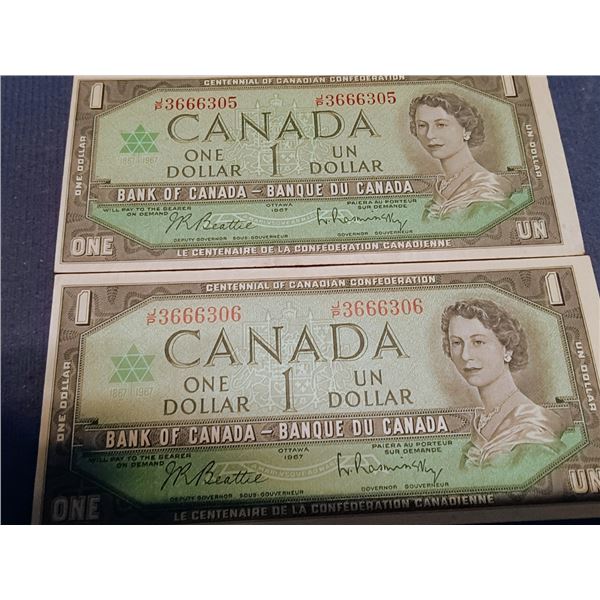 Lot of 2 Consecutive Canada 1967 $1 Banknotes. Besttie-Rasminsky. JP3666305 and JP3666306. Almost Un