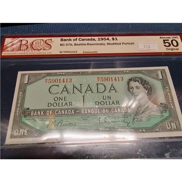 1954 Canada $! Banknote. Modified Portrait. Beattie-Rasminsky. MY5901413. Almost Uncirculated 50. Ce