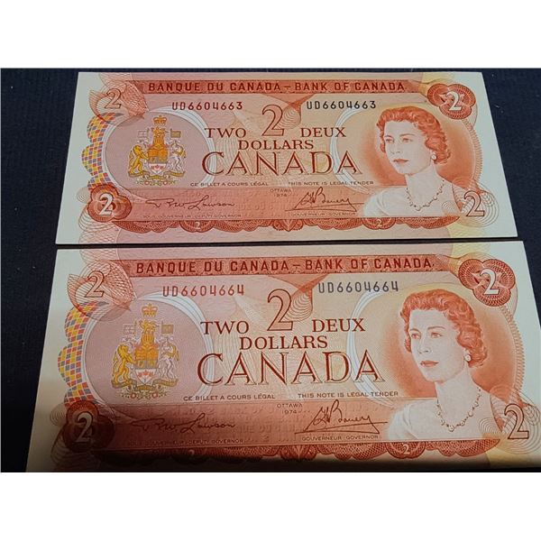 Pair Conseecutive 1974 Canada $2 Banknotes. Lawson-Bouey. UD6604663 and UD6604664. Uncirculated