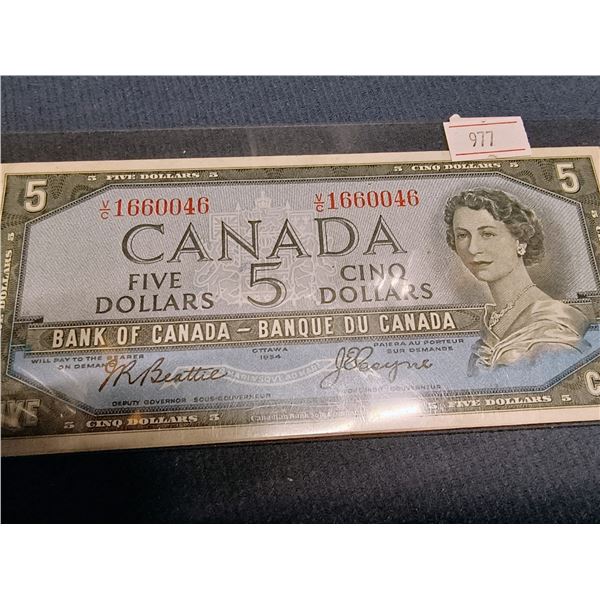 1954 Canada $5 Banknote. Modified Portrait. Beattie-Coyne VC1660046. Almost Uncirculated