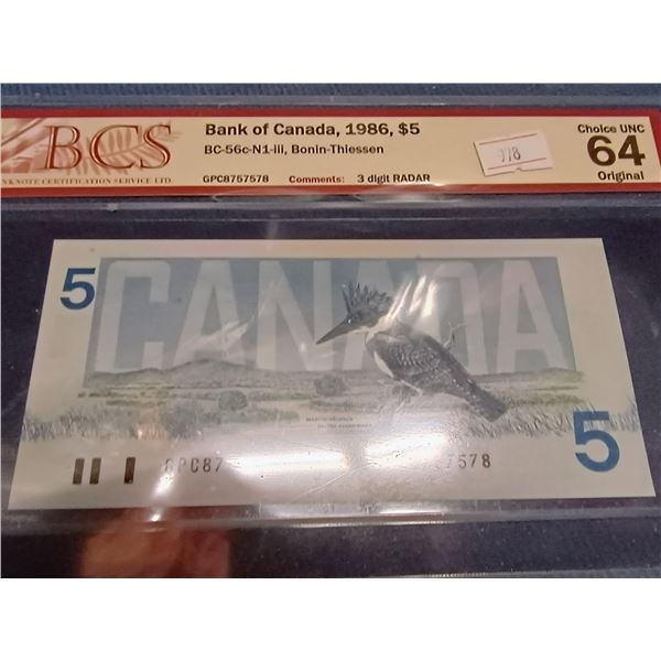 1986 Canada $5 Banknote. 3 Digit RADAR. Bonin-Thiessen. GPC8757578. Choice Uncirculated 64. Certifie