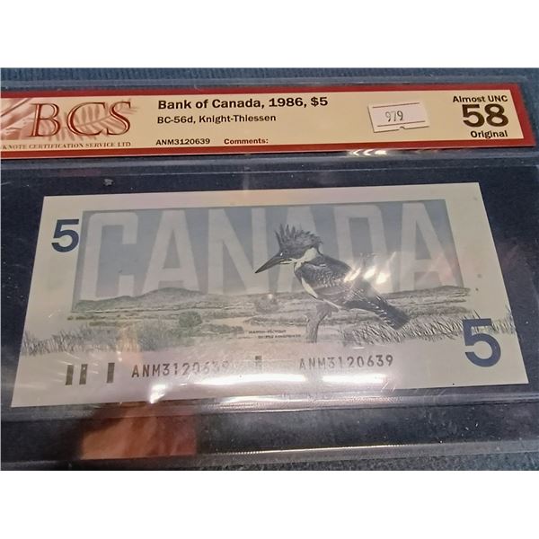 1986 Canada $5 Banknote. Knight-Thiessen. ANM3120639. Almost Uncirculated 58. Certified BCS