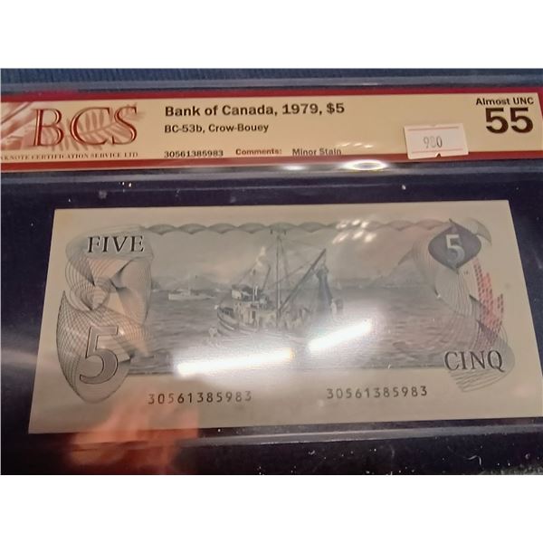 1979 Canada $5 Banknote. Crow-Bouey. 30561385983. Almost Uncirculated 55. Minor Stain. Certified BCS