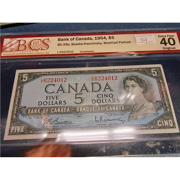 1954 Canada $5 Banknote. Modified Portrait. Beattie-Rasminsky. LX6224012. Extra Fine 40. Certified B
