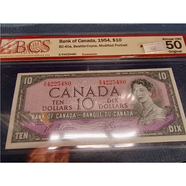 1954 Canada $10 Banknote. Modified Portrait. Beattie-Coyne. SD4225480. Almost Uncirculated 50. Certi