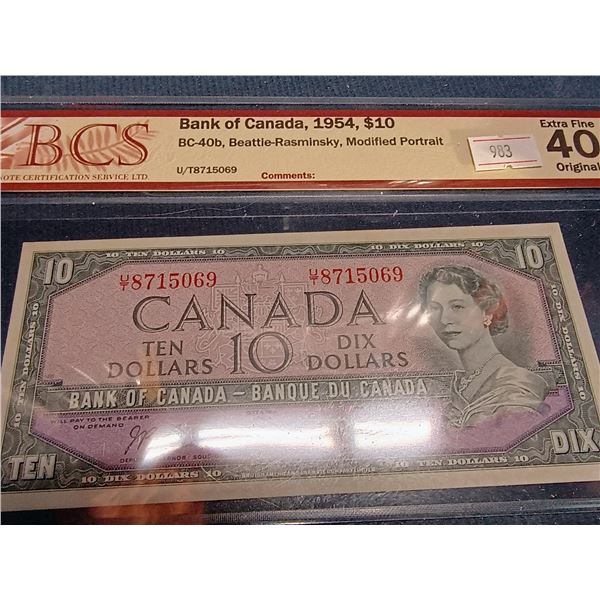 1954 Canada $10 Banknote. Modified Portrait. Beattie-Rasminsky. UT8715069 Extra Fine 40. Certified B