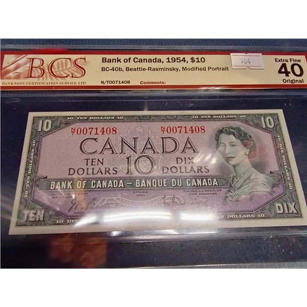 1954 Canada $10 Banknote. Modified Portrait. Beattie-Rasminsky. NT0071408. Extra Fine 40. Certified 