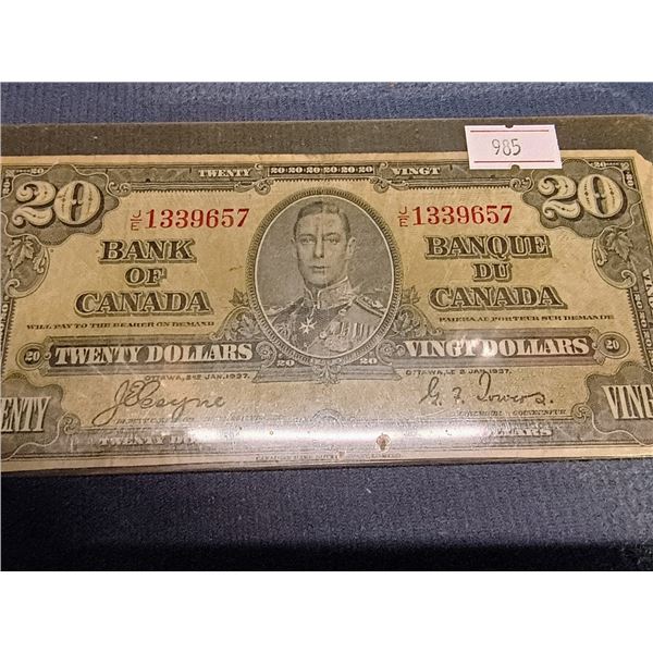 1937 Canada $20 Banknote. Coyne-Towers. JE1339657. Fine
