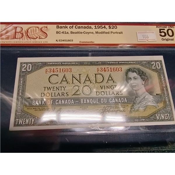 1954 Canada $20 Banknote. Beattie-Coyne. KE3451603. Almost Uncirculated 50. Certified BCS