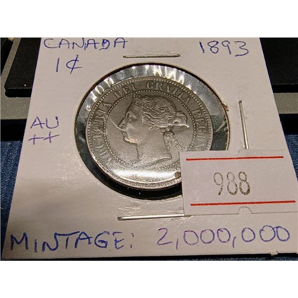 1893 Canada Large Cent. AU++