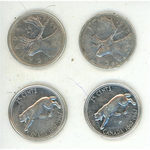(2) 1964, (2) 1967 Canada Silver 25 Cents.
