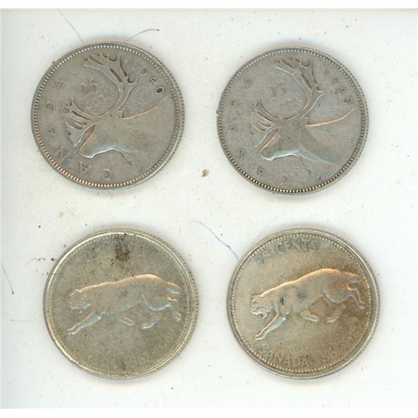 (1) 1940, (1) 1949, (2) 1967 Canada Silver 25 Cents.