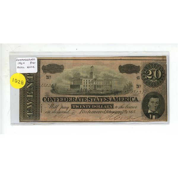 U.S. Confederate States of America 1864 $20. This is a real note. VF.