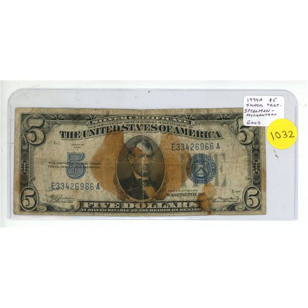U.S. 1934A $5 Silver Certificate. Blue Seal. As above. VG with stain.