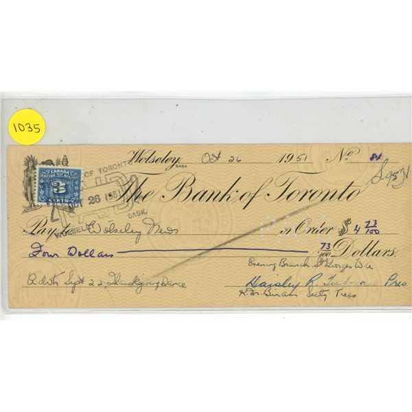 Bank of Toronto, Wolseley Sask. cancelled cheque dated 1951 for $4.23, from the Evening Branch of th
