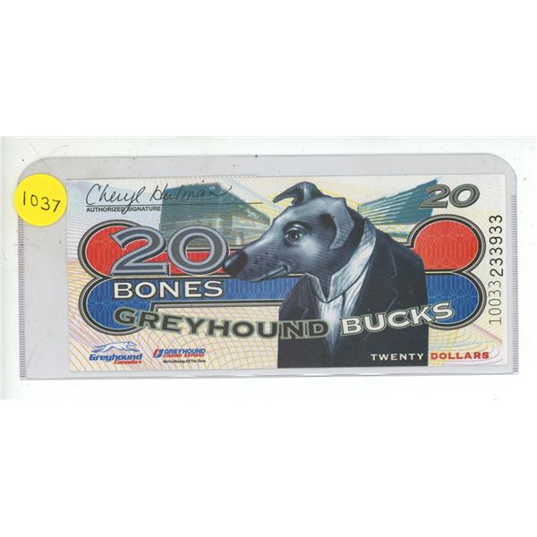 Greyhound Bucks 20 Bones. Issued by Greyhound Canada and good for $20 for any Greyhound Express prod