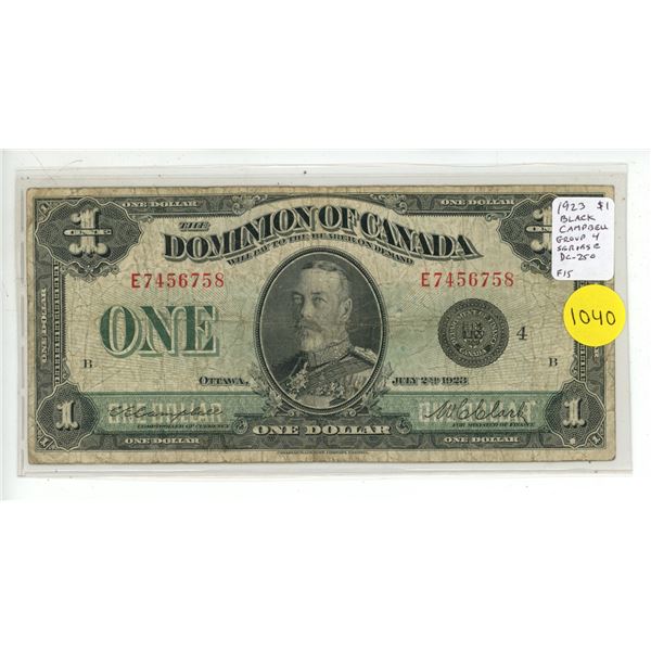 1923 $1. Campbell-Clark signatures. Black Seal. Group 4. Series E. DC-25o. F15.